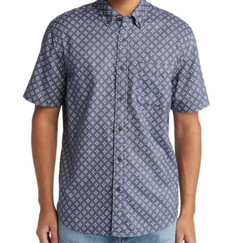 Faherty Men’s Atlas Print Short Sleeve Button Up Shirt Blue Size Medium